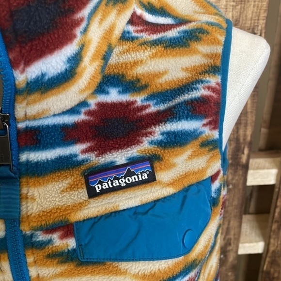Patagonia Synchilla Snap T Fleece Vest Aztec Pattern gold blue Women jacket Sz S - Picture 5 of 15